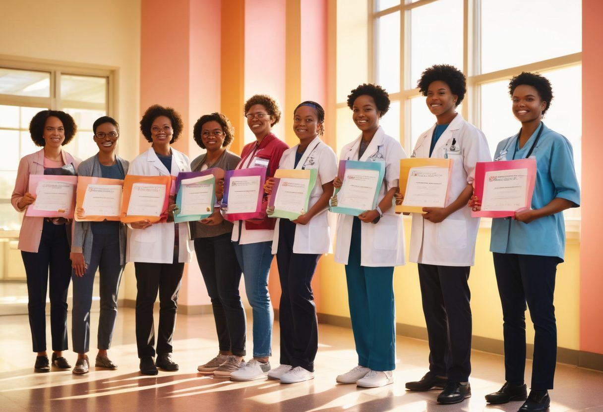 A diverse group of determined individuals standing together, holding colorful scholarship certificates, with a backdrop of a hospital and cancer research lab. Soft sunlight illuminating their hopeful expressions, symbolizing hope and empowerment. Incorporate elements like a ribbon symbolizing cancer awareness and supportive hands, representing community strength. super-realistic. vibrant colors. hopeful atmosphere.